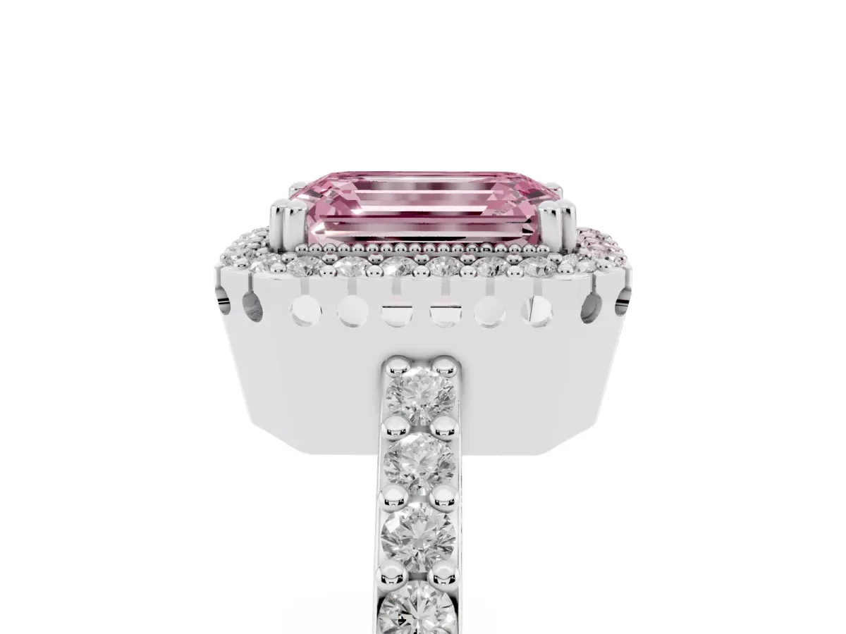 Fancy Pink Emerald Cut Cut Diamond Halo Engagement Ring with Milgrain Detail and Pavé Band White gold