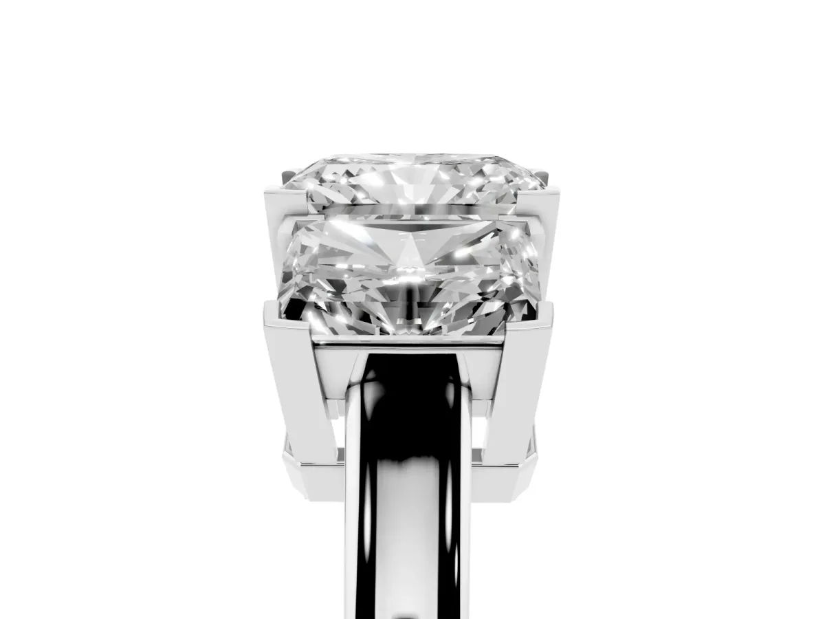 Three-Stone Radiant Cut Cut Diamond Ring with Channel Set Band and Four-Prong Setting Silver