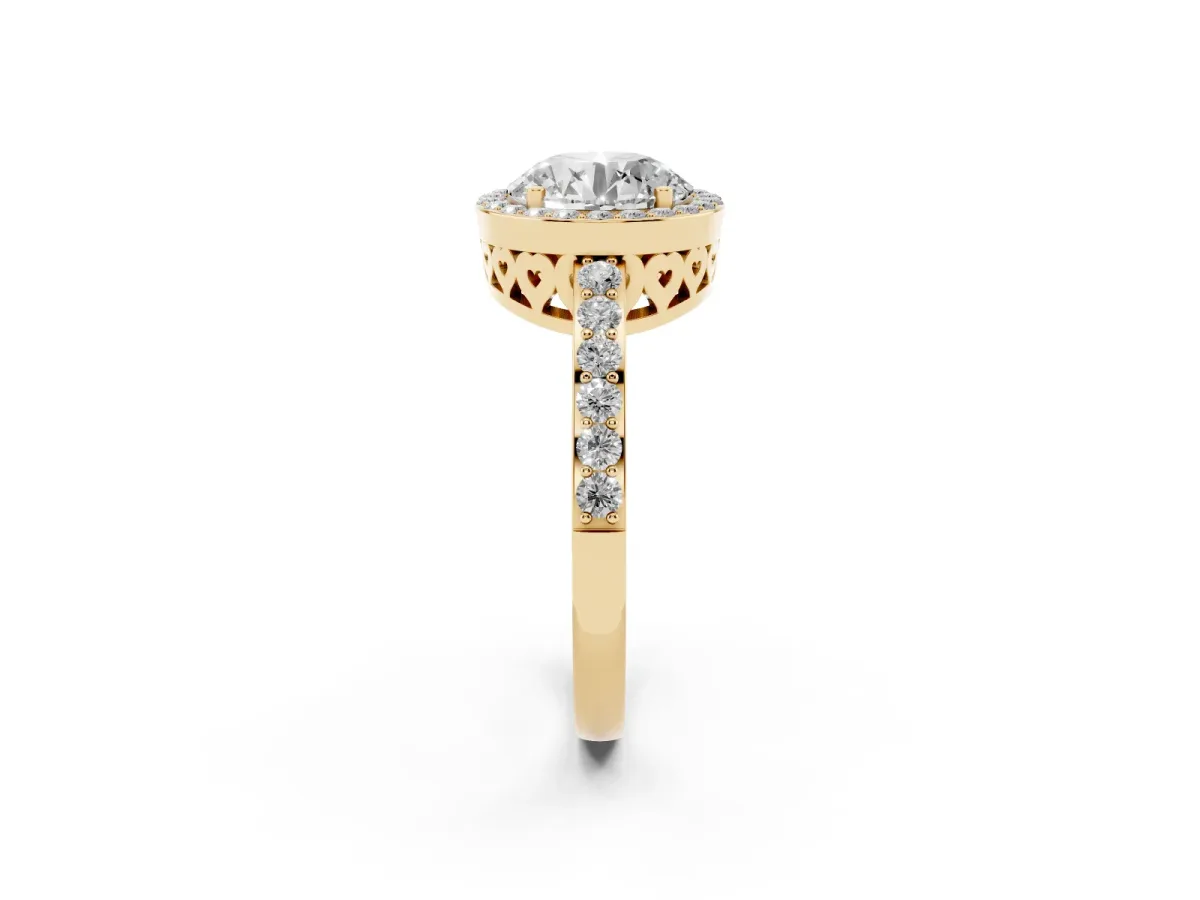 Round Cut Halo Diamond Pavé Band Ring with Prong Setting Yellow gold