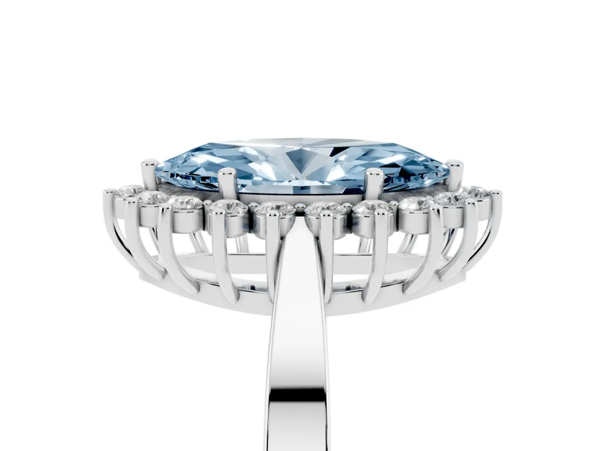 Fancy Blue Marquise Cut Cut Diamond Halo Ring with Round Brilliant Halo and Solitaire Band White gold