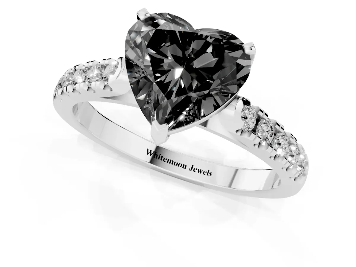 Fancy Black Heart Cut Diamond Pavé Band Solitaire Ring with Prong Setting Silver