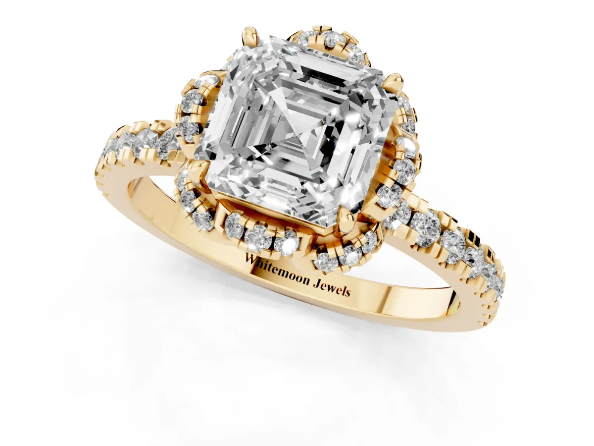 Asscher Cut Diamond Halo Pave Band with Four-Prong Setting Yellow gold
