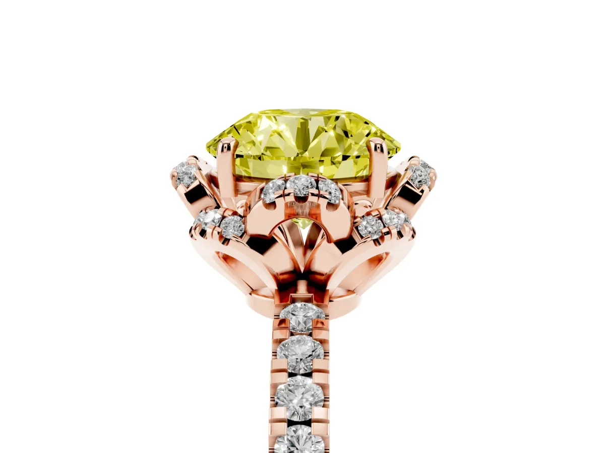 Fancy Yellow Round Cut Halo Diamond Pave Band Ring with Four-Prong Setting Rose gold