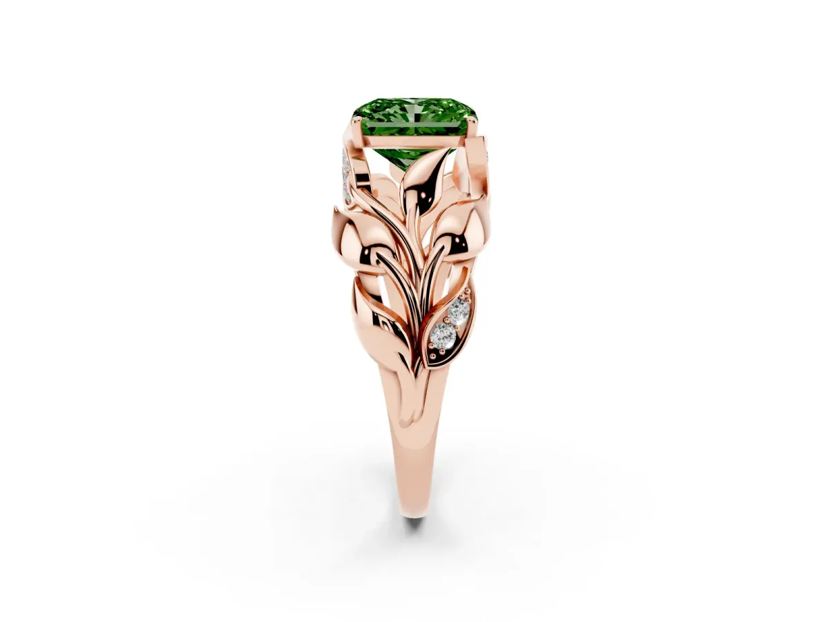 Fancy Green Radiant Cut Diamond Leaf-Inspired Engagement Ring with Round Accents and Prong Setting Rose gold