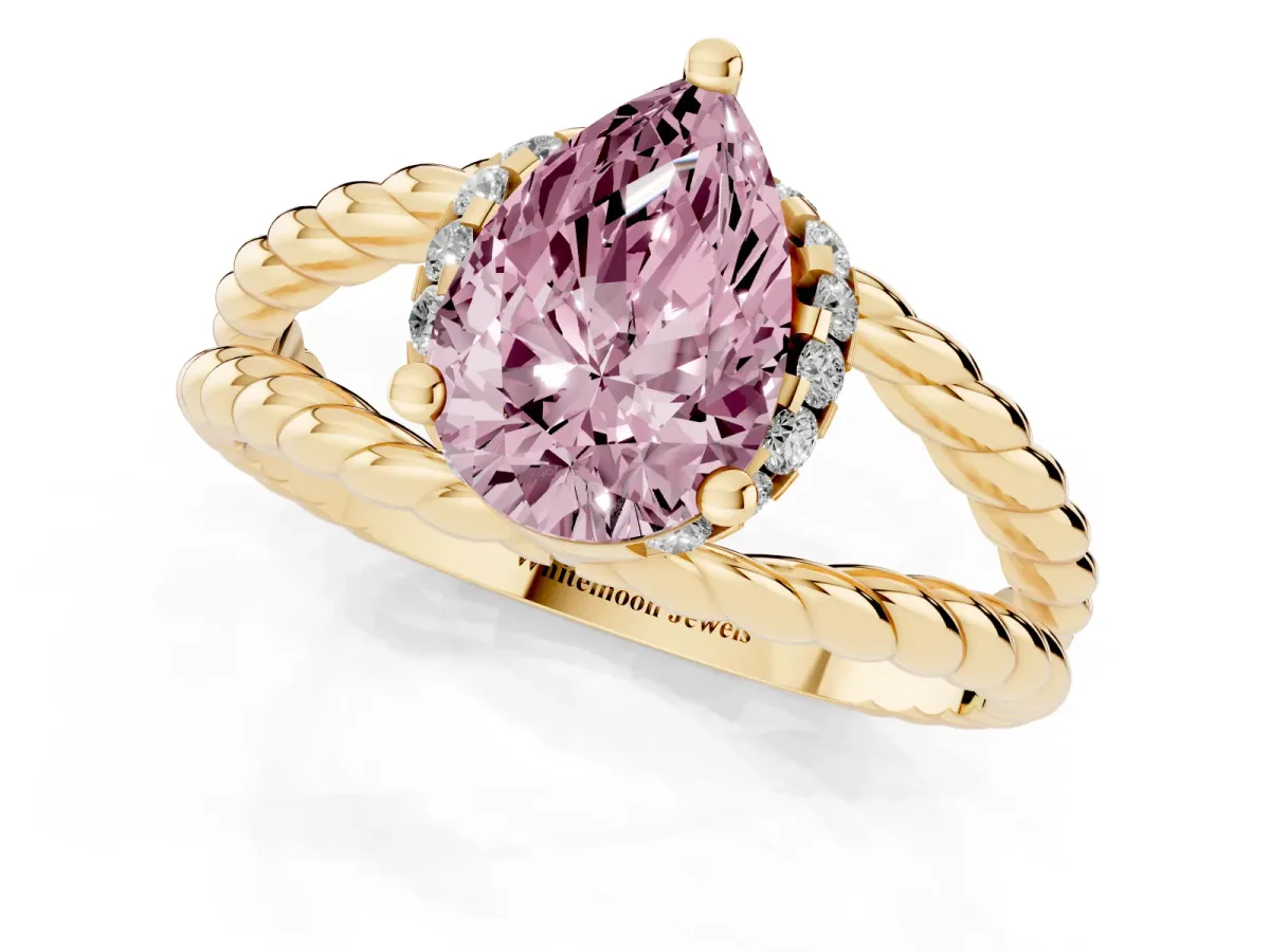 Fancy Pink Pear Cut Halo Twisted Band Four-Prong Ring Yellow gold
