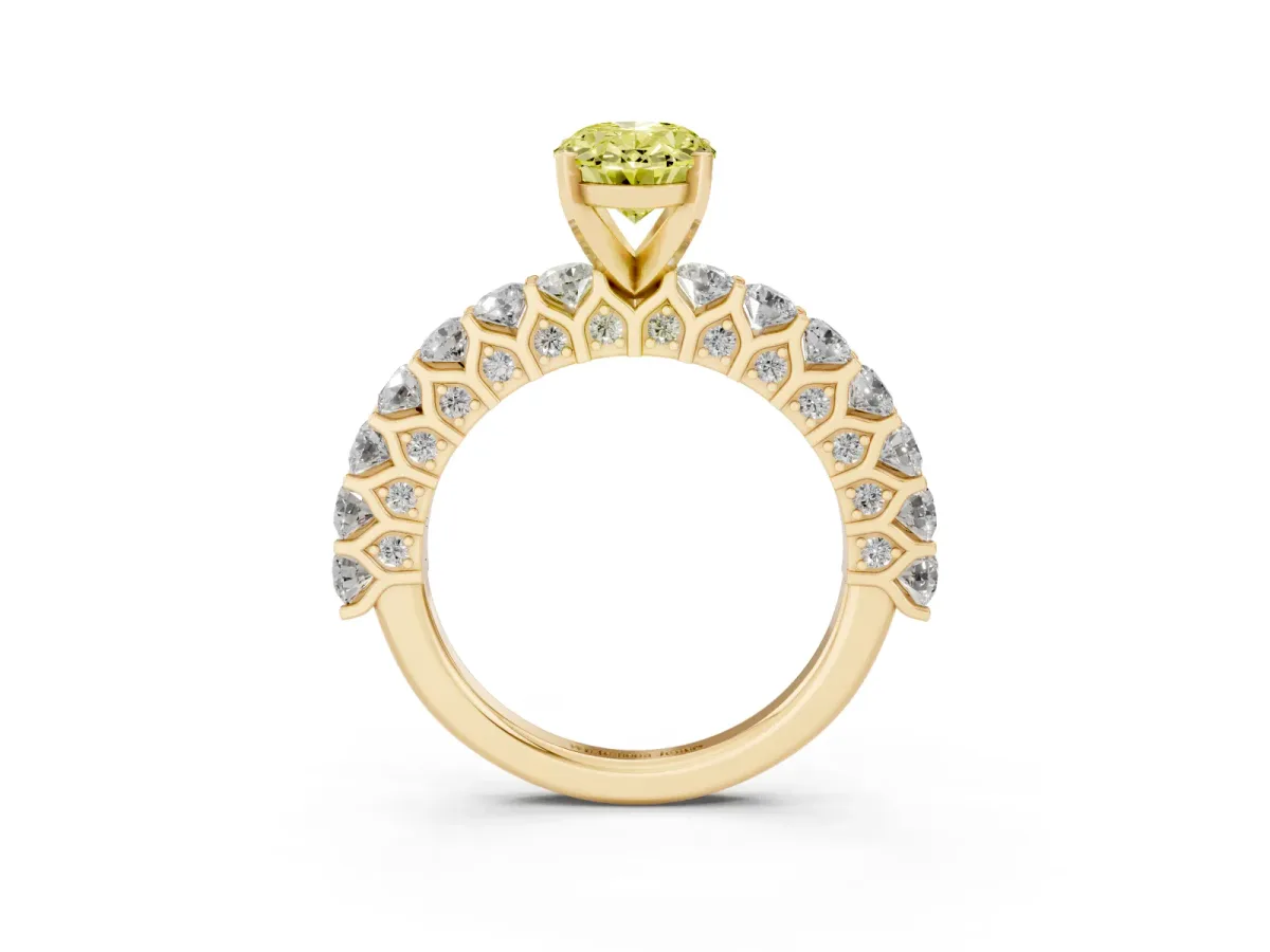 Fancy Yellow Oval Cut Diamond Solitaire Ring with Shared Prong Pavé Band and Four-Prong Setting Yellow gold