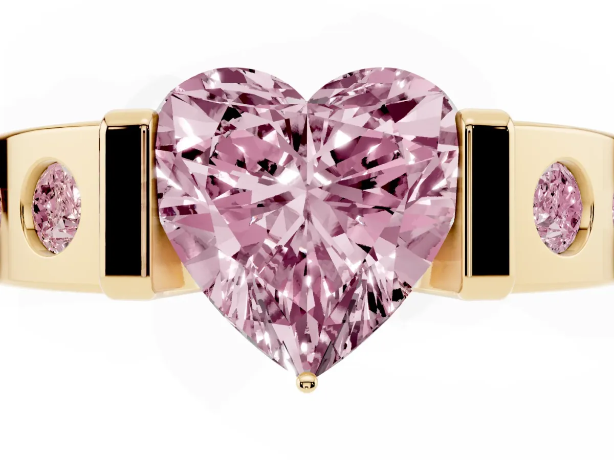 Fancy Pink Heart Cut Brilliant Channel-Set Diamond Ring with Bezel Prong Setting Yellow gold