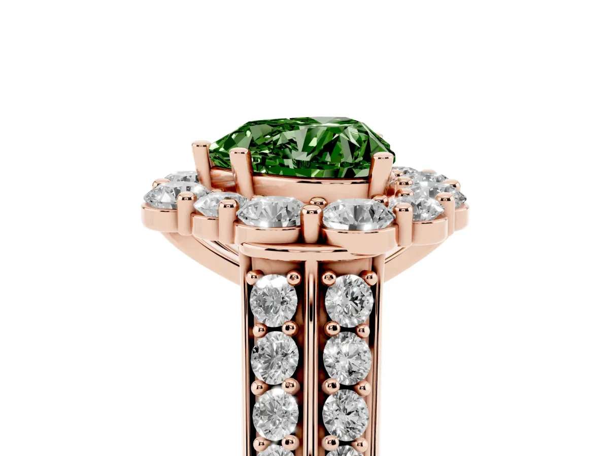 Fancy Green Heart Cut Halo Diamond Engagement Ring with Split Shank and Prong Setting Rose gold