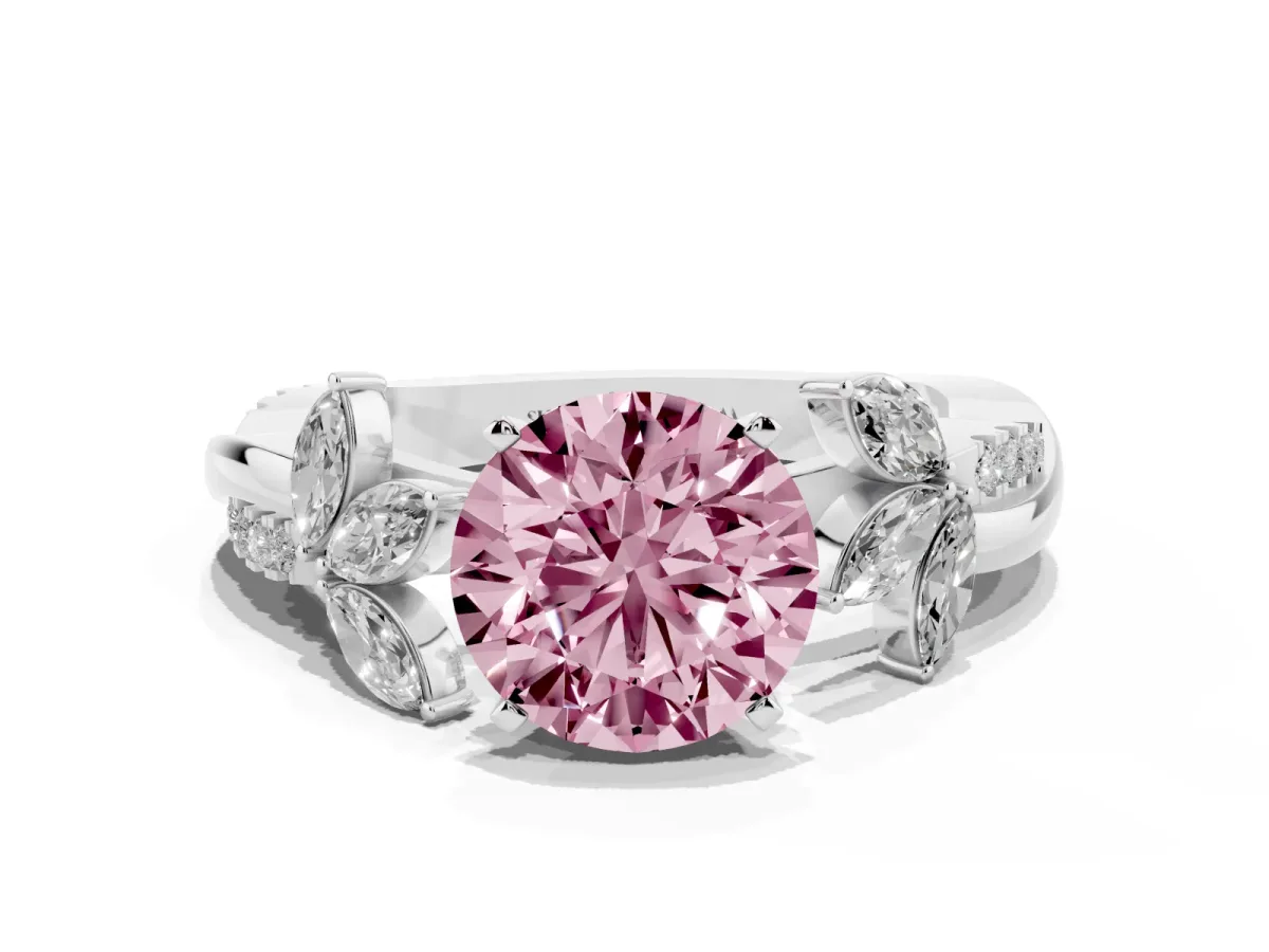Fancy Pink Round Cut Diamond Floral Vine Solitaire Engagement Ring Silver