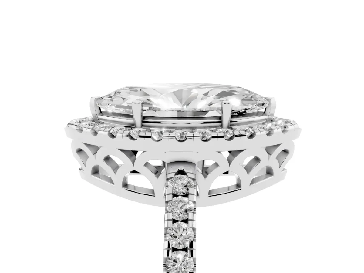 Marquise Cut Halo Diamond Engagement Ring with Pavé Band and Four-Prong Setting White gold