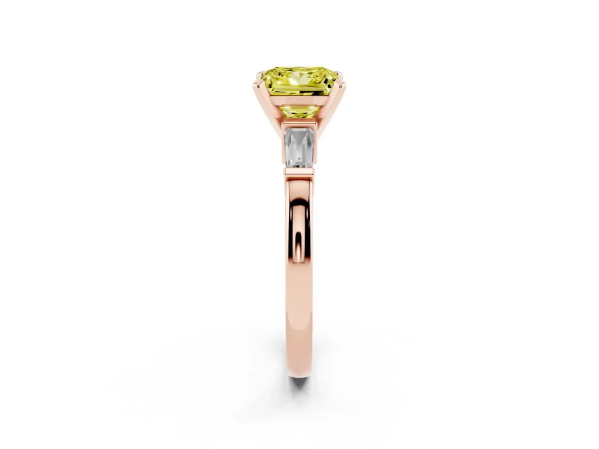 Fancy Yellow Princess Cut Cut Diamond Solitaire Ring with Tapered Baguette Accents and Four-Prong Setting Rose gold