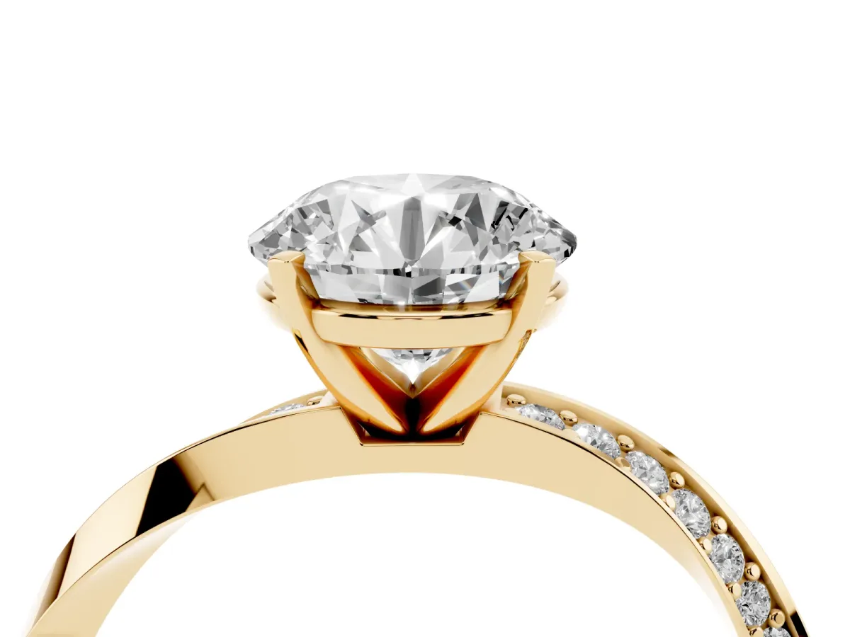 Round Cut Diamond Engagement Ring with Side Stone Accents and Four-Prong Setting Yellow gold