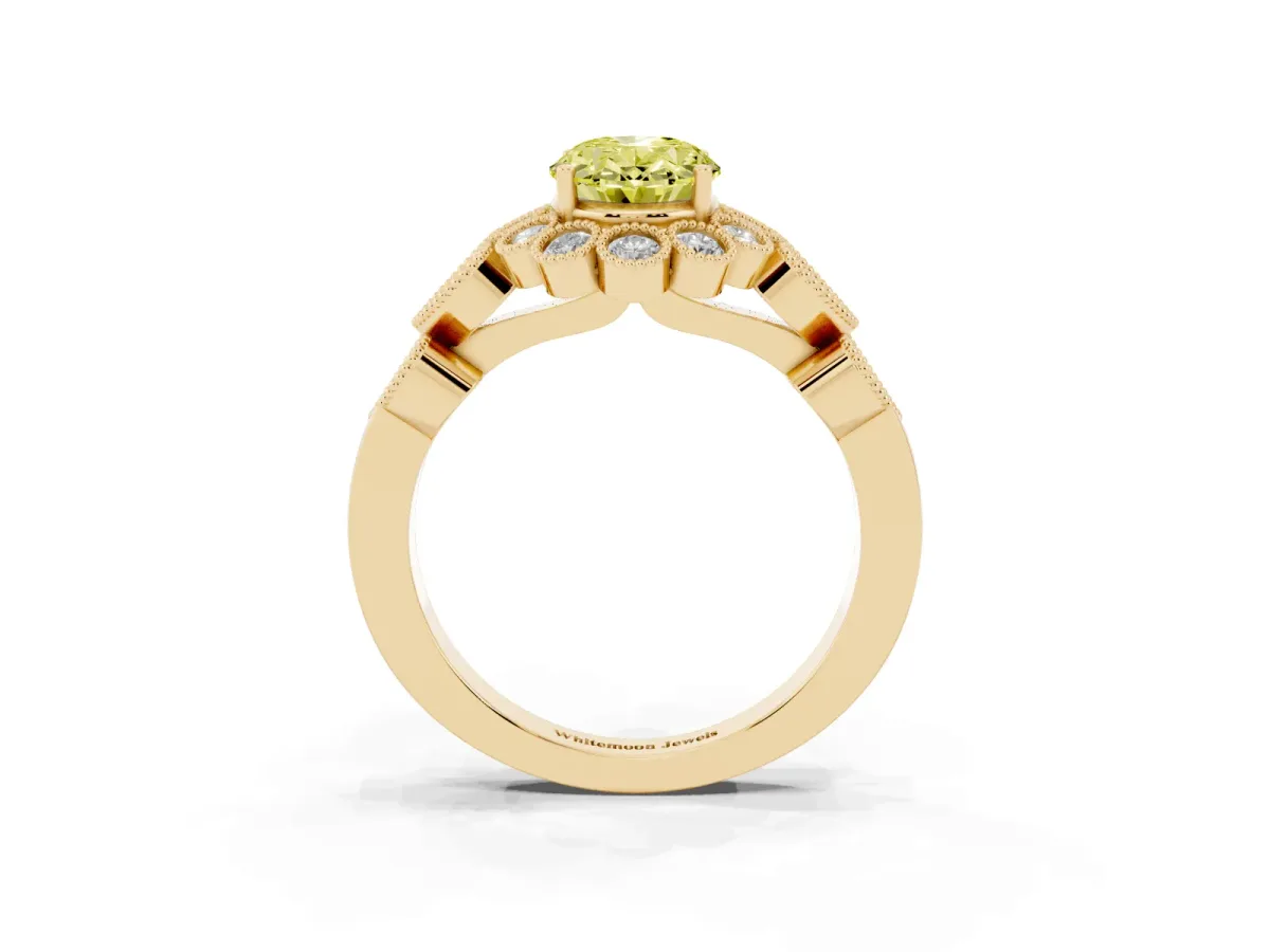 Fancy Yellow Oval Cut Brilliant Milgrain Pave Heart Band Solitaire Ring Yellow gold