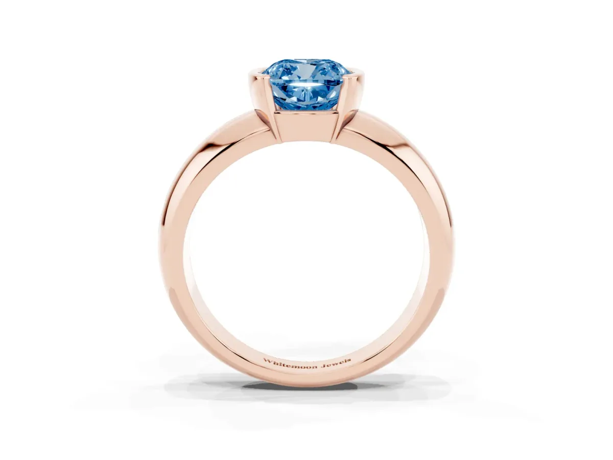 Fancy Blue Cushion Cut Solitaire Tension Set Diamond Ring with Wide Band Rose gold
