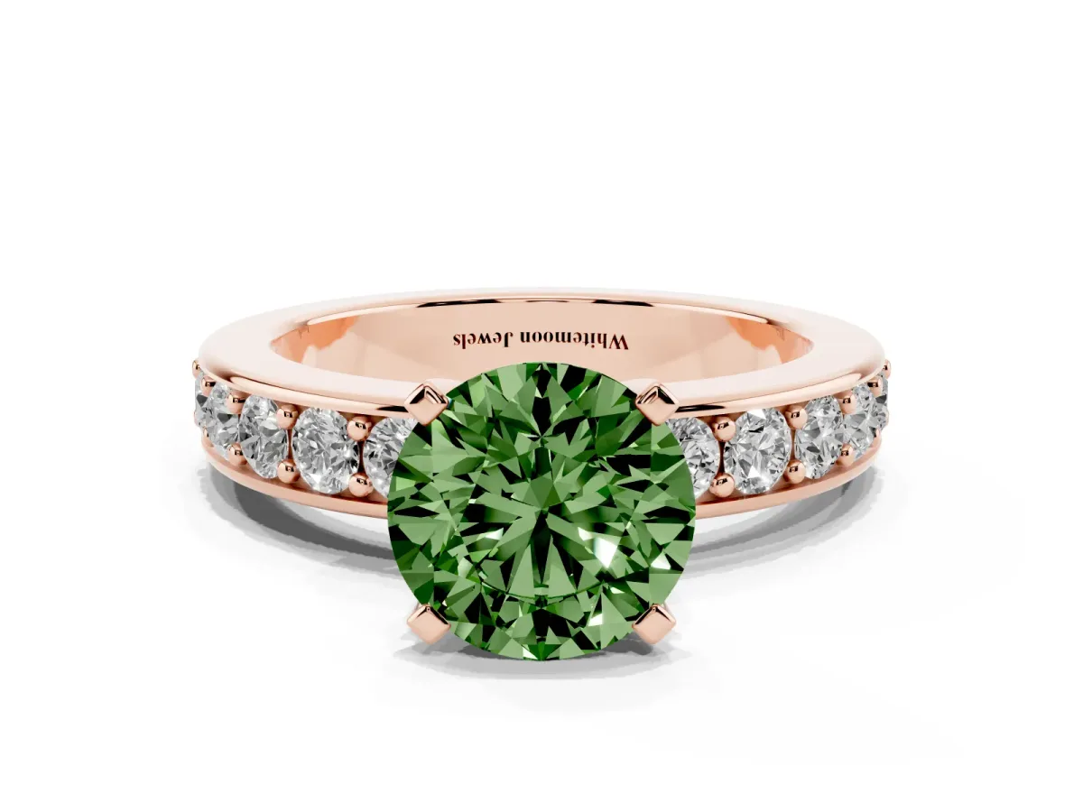 Fancy Green Round Cut Diamond Engagement Ring with Channel Set Round Band and Prong Setting Rose gold