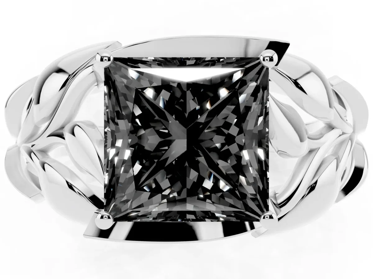 Fancy Black Princess Cut Diamond Leaf-Inspired Engagement Ring with Round Accents and Prong Setting Silver