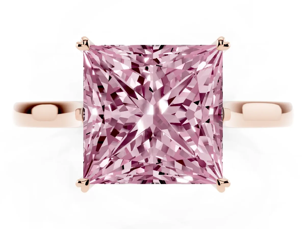 Fancy Pink Princess Cut Solitaire Heart Prong Engagement Ring with Tapered Band Rose gold