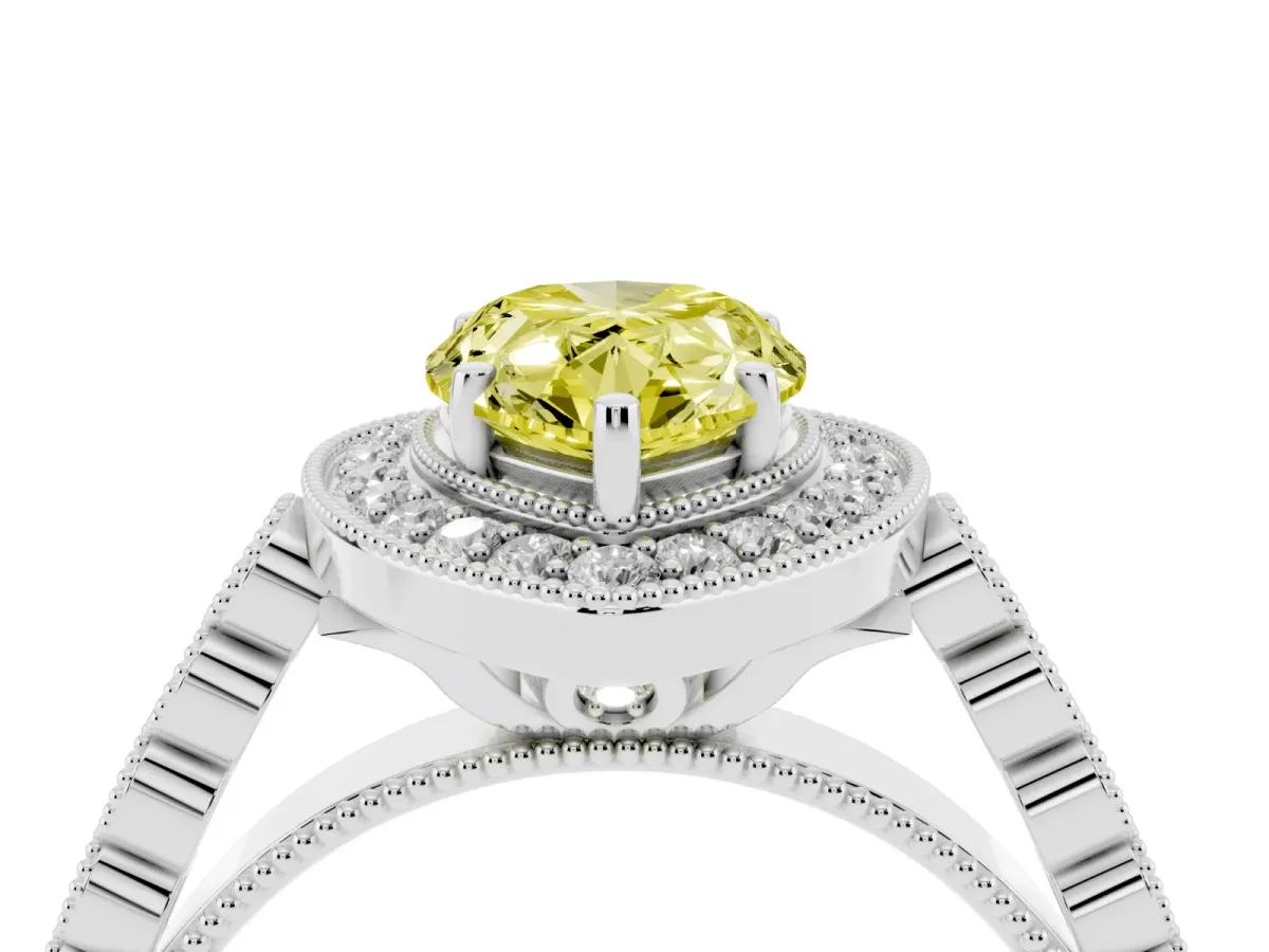 Fancy Yellow Pear Cut Halo Milgrain Solitaire with Bezel Set Side Stones and Pave Band Silver