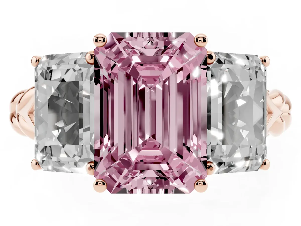 Fancy Pink Three-Stone Emerald Cut Diamond Braided Band Ring with Four-Prong Setting Rose gold