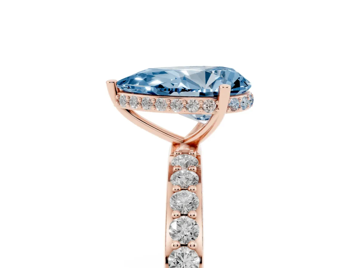 Fancy Blue Pear Cut Diamond Solitaire Ring with Pavé Band and Hidden Halo Rose gold