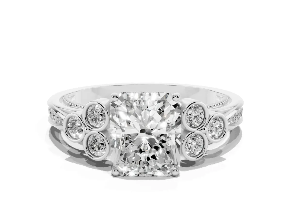 Radiant Cut Cut Diamond Engagement Ring with Bezel Set Round Side Stones and Prong Setting Silver