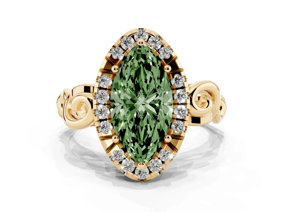 Fancy Green Marquise Cut Cut Halo Diamond Ring with Scrollwork Band and Four-Prong Setting Yellow gold