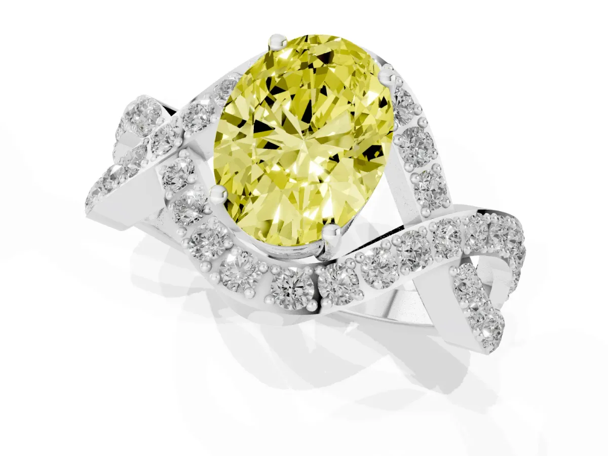 Fancy Yellow Oval Cut Solitaire Twist Band Pavé Diamond Engagement Ring Silver