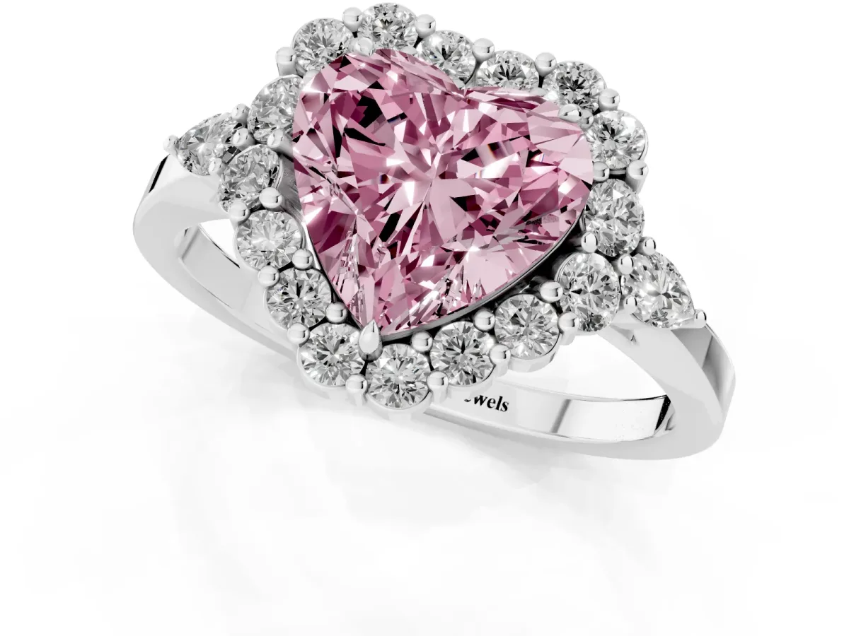 Fancy Pink Heart Cut Diamond Halo Ring with Pear Side Stones and Prong Setting Silver