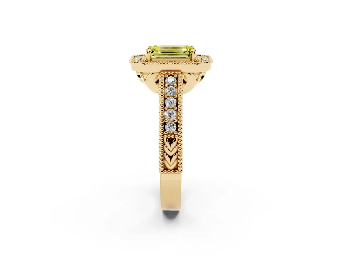 Fancy Yellow Emerald Cut Cut Halo Diamond Ring with Pavé Band and Four-Prong Setting Yellow gold
