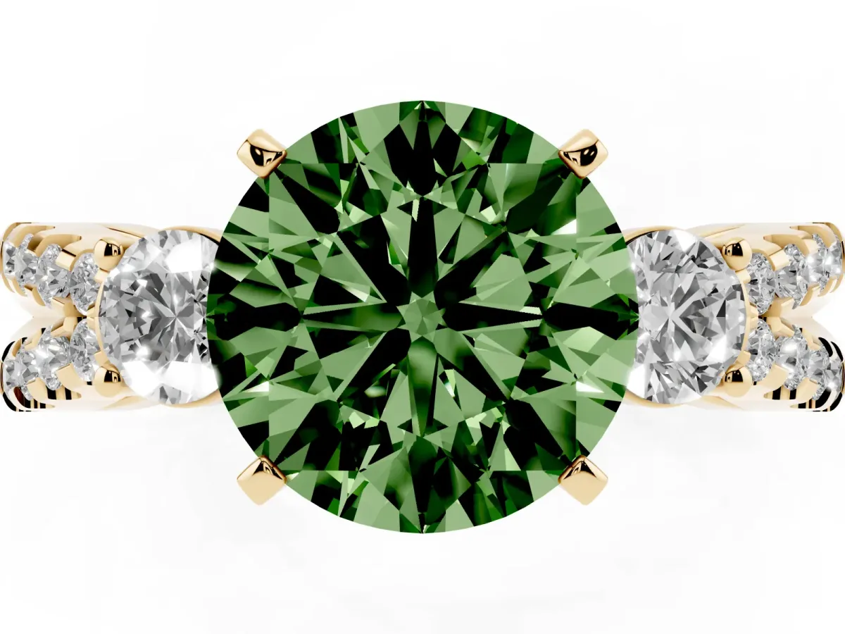 Fancy Green Round Cut Diamond Three-Stone Ring with Pavé Split Shank and Four-Prong Setting Yellow gold