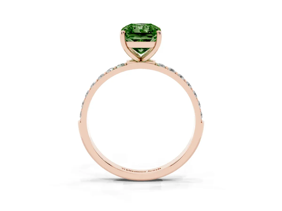 Fancy Green Radiant Cut Diamond Solitaire Ring with Round Pavé Shoulders and Prong Setting Rose gold