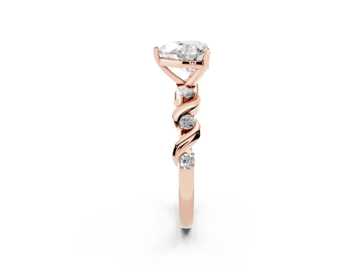 Heart Cut Diamond Solitaire Twisted Band with Round Accents and Prong Setting Rose gold