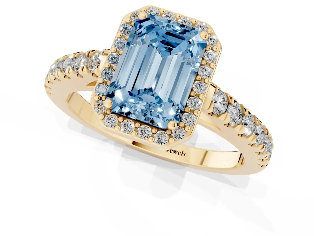 Fancy Blue Emerald Cut Cut Halo Diamond Engagement Ring with Pave Band and Four-Prong Setting Yellow gold