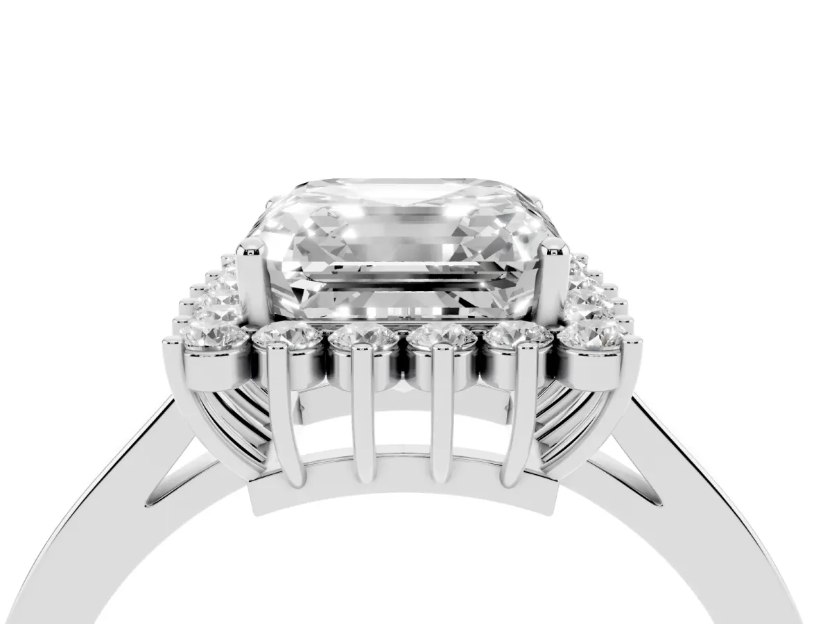 Asscher Cut Cut Diamond Halo Ring with Round Brilliant Halo and Solitaire Band Silver