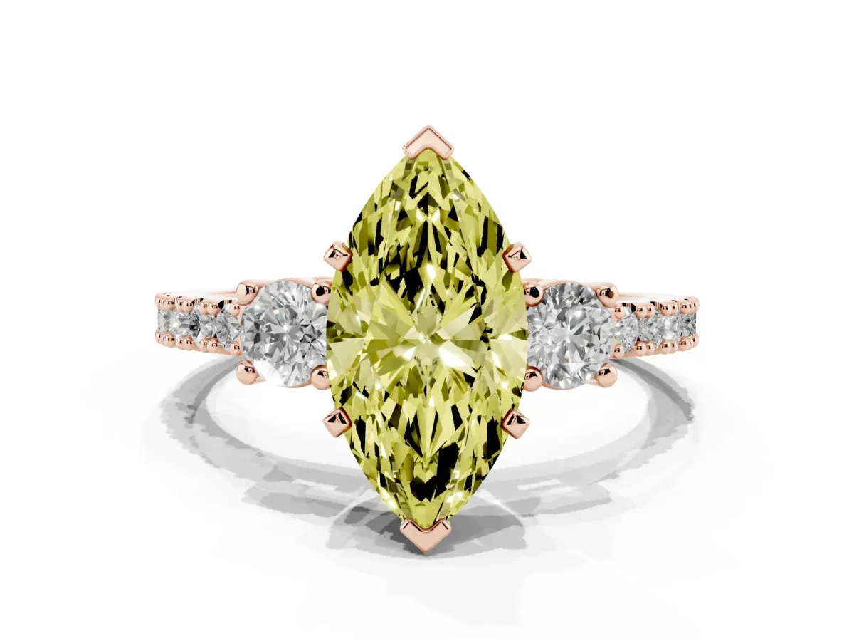 Fancy Yellow Marquise Cut Three-Stone Diamond Pavé Band with Prong Setting Rose gold