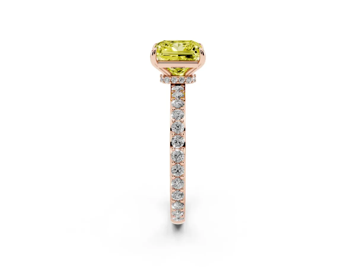 Fancy Yellow Princess Cut Diamond Pavé Engagement Ring with Round Accents and Prong Setting Rose gold