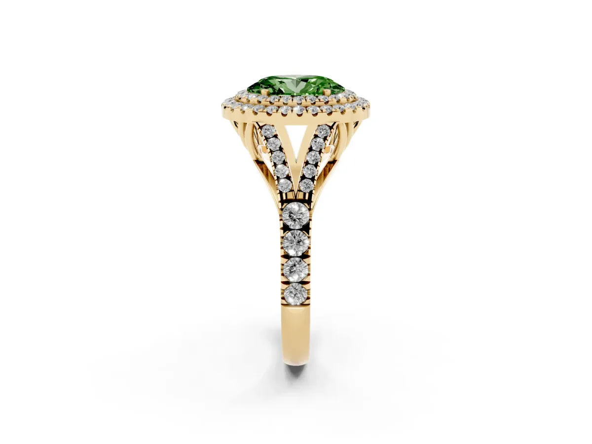 Fancy Green Oval Cut Cut Double Halo Split Shank Diamond Ring with Prong Setting Yellow gold