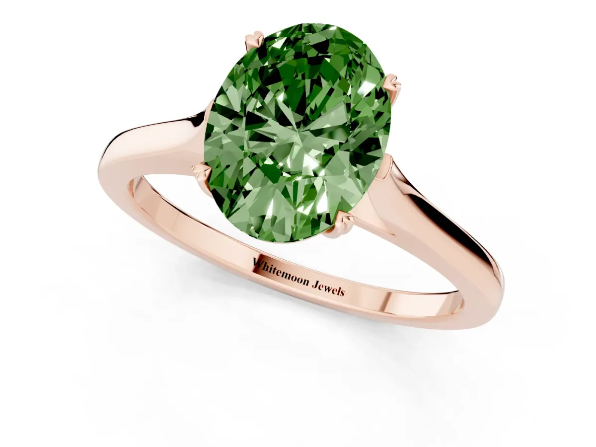 Fancy Green Oval Cut Solitaire Heart Prong Engagement Ring with Tapered Band Rose gold