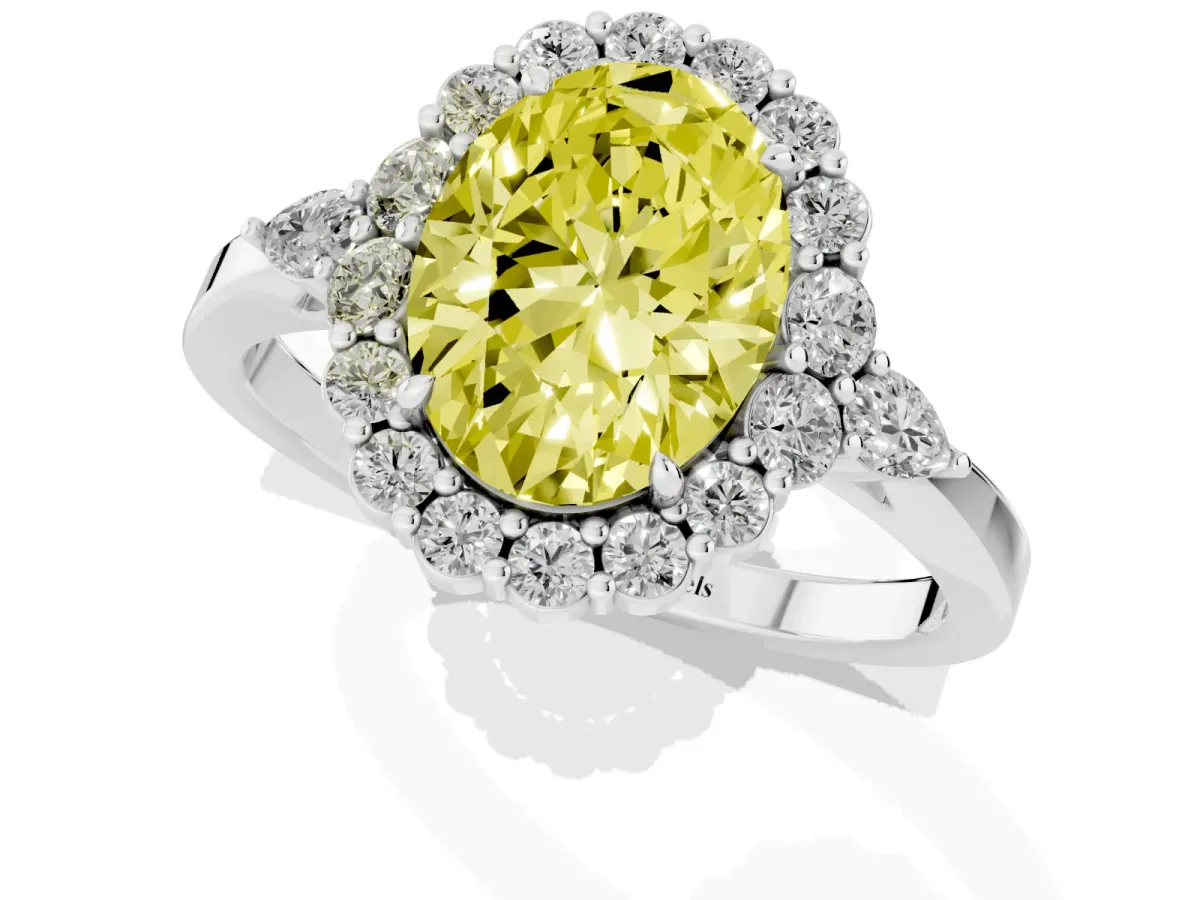 Fancy Yellow Oval Cut Diamond Halo Ring with Pear Side Stones and Prong Setting Silver