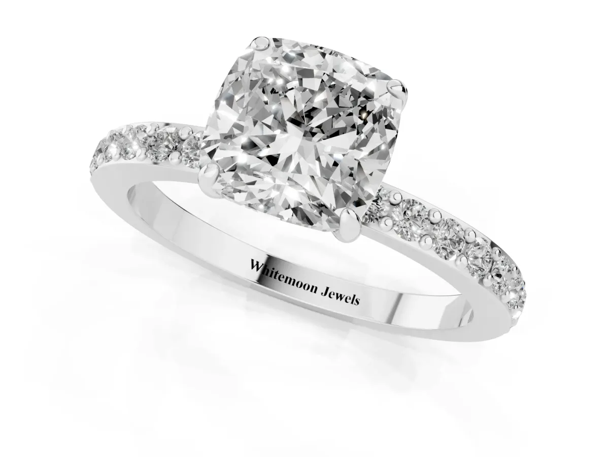 Cushion Cut Diamond Pavé Engagement Ring with Round Accents and Prong Setting Platinum