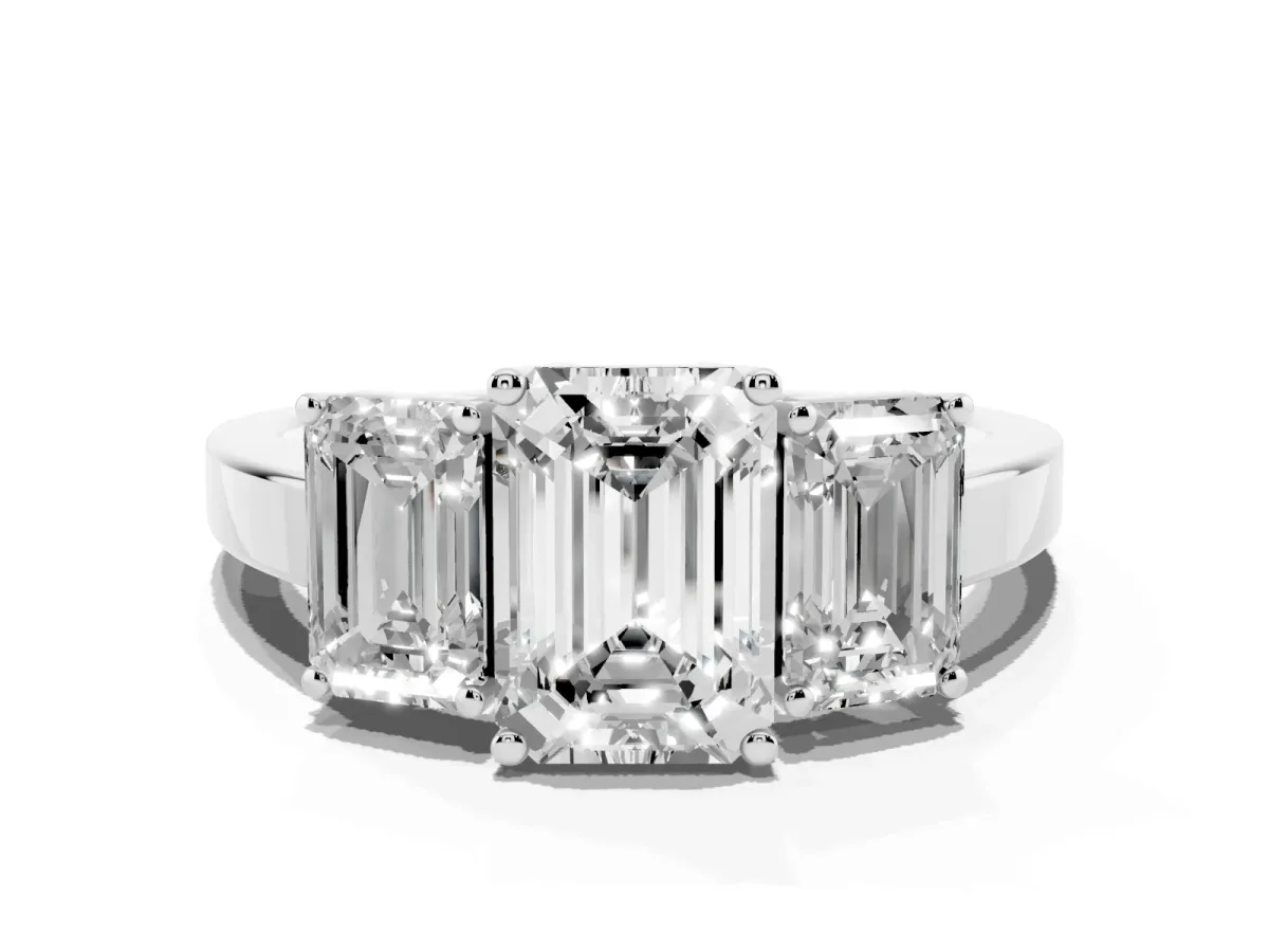 Three-Stone Emerald Cut Cut Diamond Engagement Ring with Flat Band and Four-Prong Setting Platinum