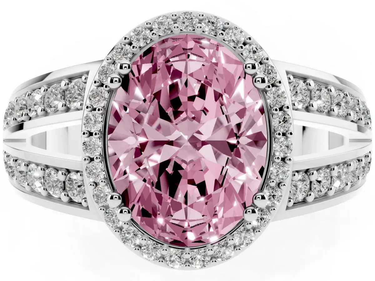 Fancy Pink Oval Cut Diamond Halo Ring with Split Shank Pavé Band and Four-Prong Setting Platinum