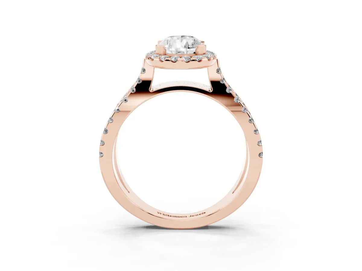 Pear Cut Diamond Halo Ring with Split Shank Pavé Band and Prong Setting Rose gold