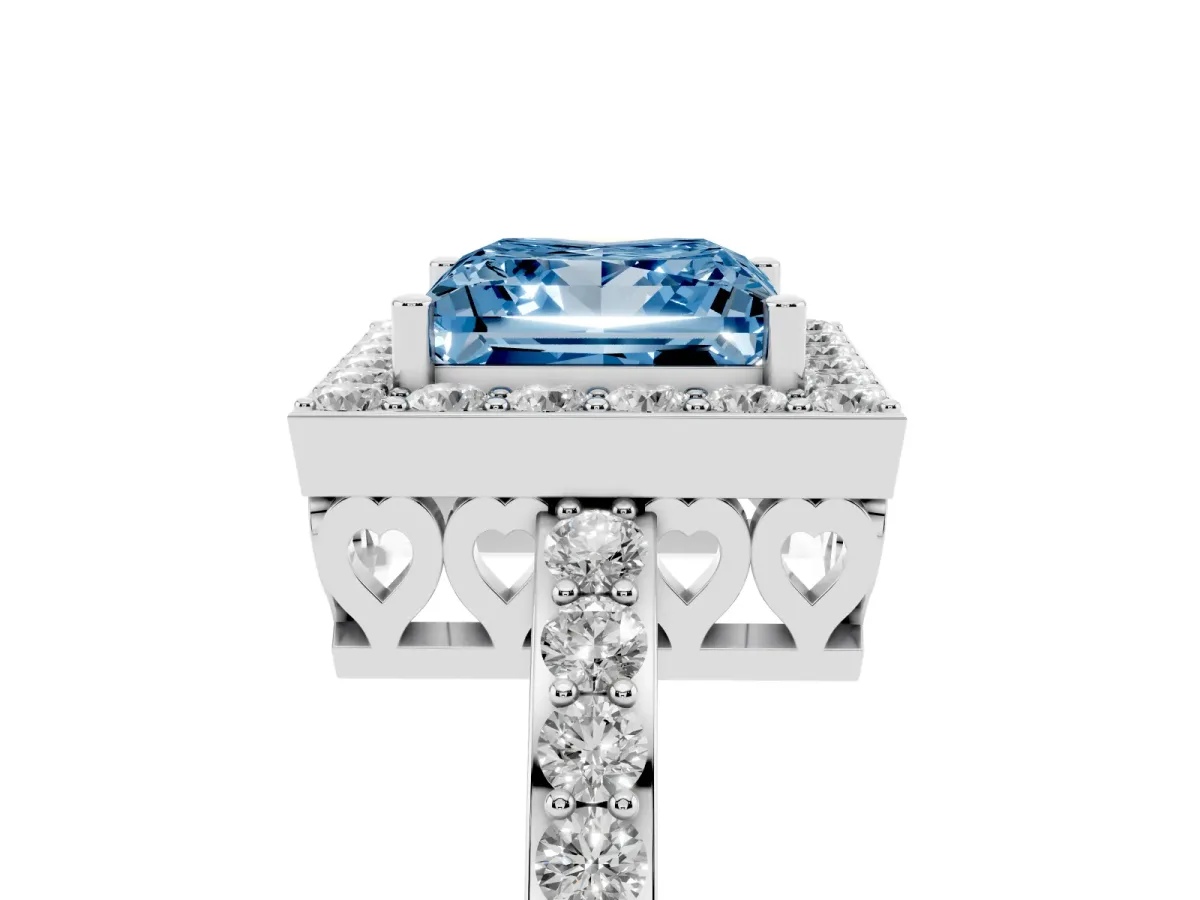 Fancy Blue Princess Cut Halo Diamond Pavé Band Ring with Prong Setting Silver