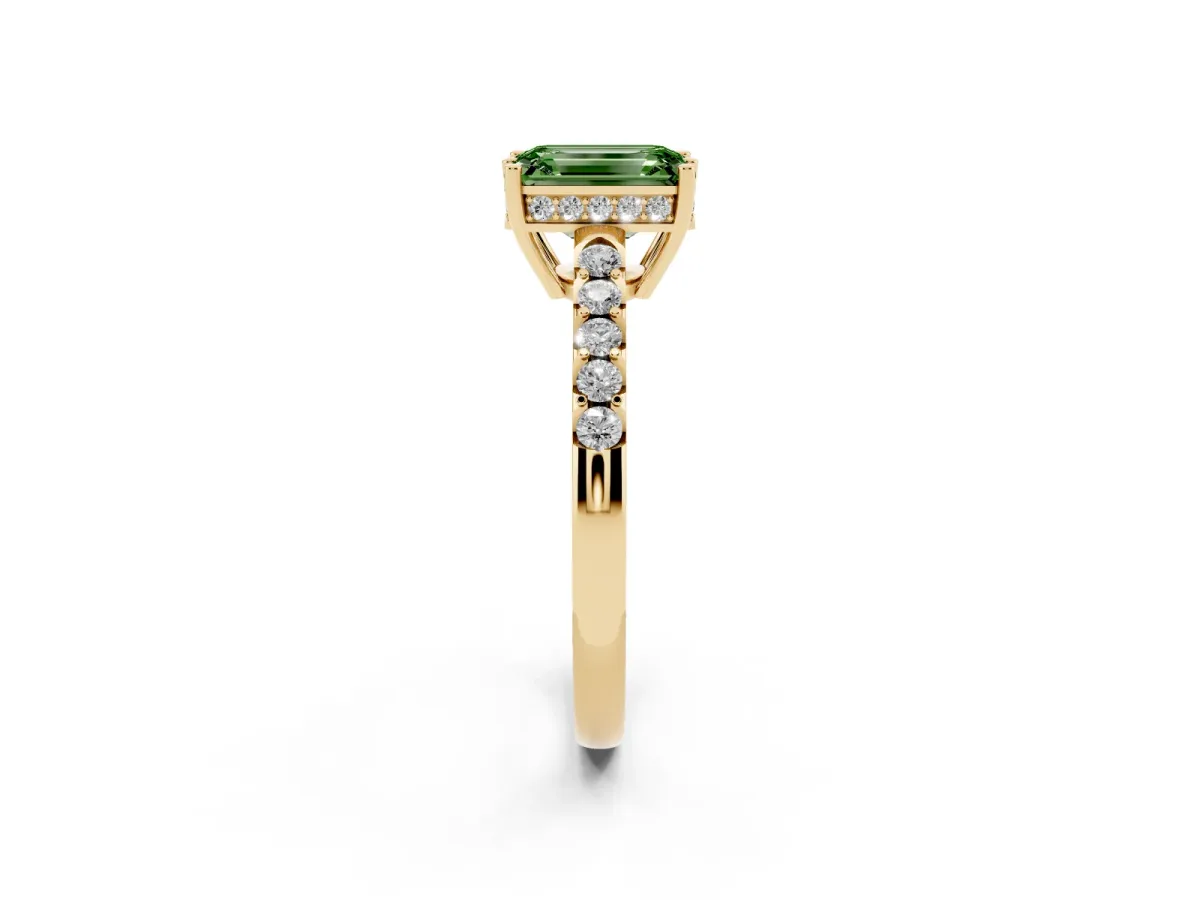 Fancy Green Emerald Cut Solitaire Diamond Engagement Ring with Pavé Band and Six-Prong Setting Yellow gold