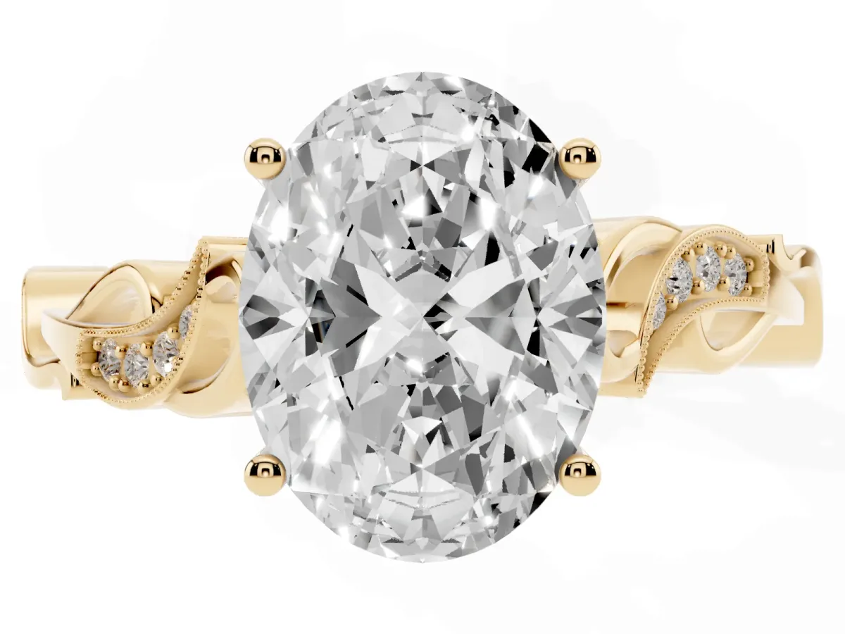 Oval Cut Solitaire Vine Band with Milgrain Prong Setting Yellow gold