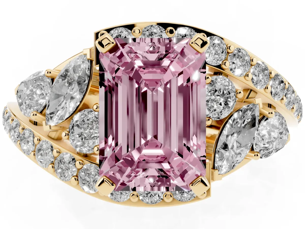 Fancy Pink Emerald Cut Diamond Halo Ring with Marquise and Pavé Band in Prong Setting Yellow gold