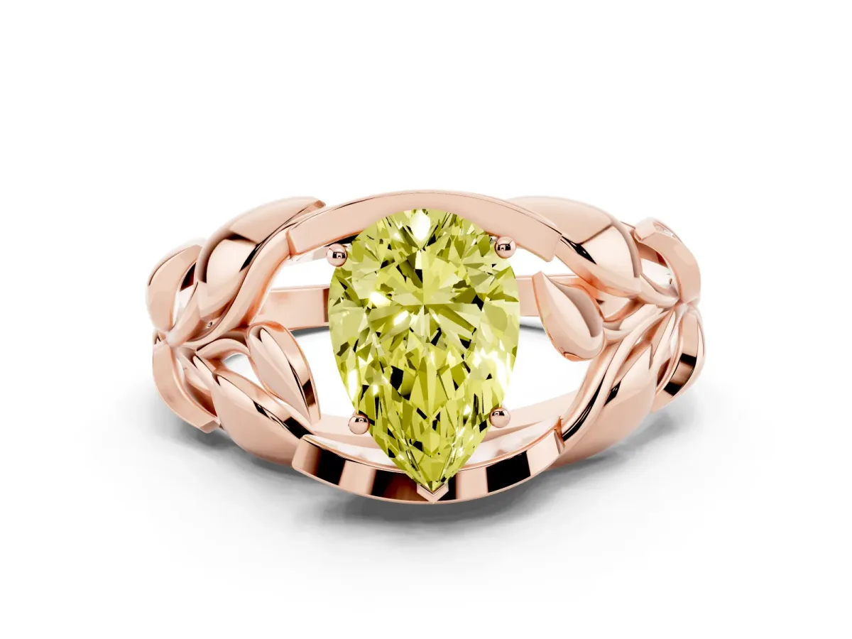 Fancy Yellow Pear Cut Diamond Leaf-Inspired Engagement Ring with Round Accents and Prong Setting Rose gold