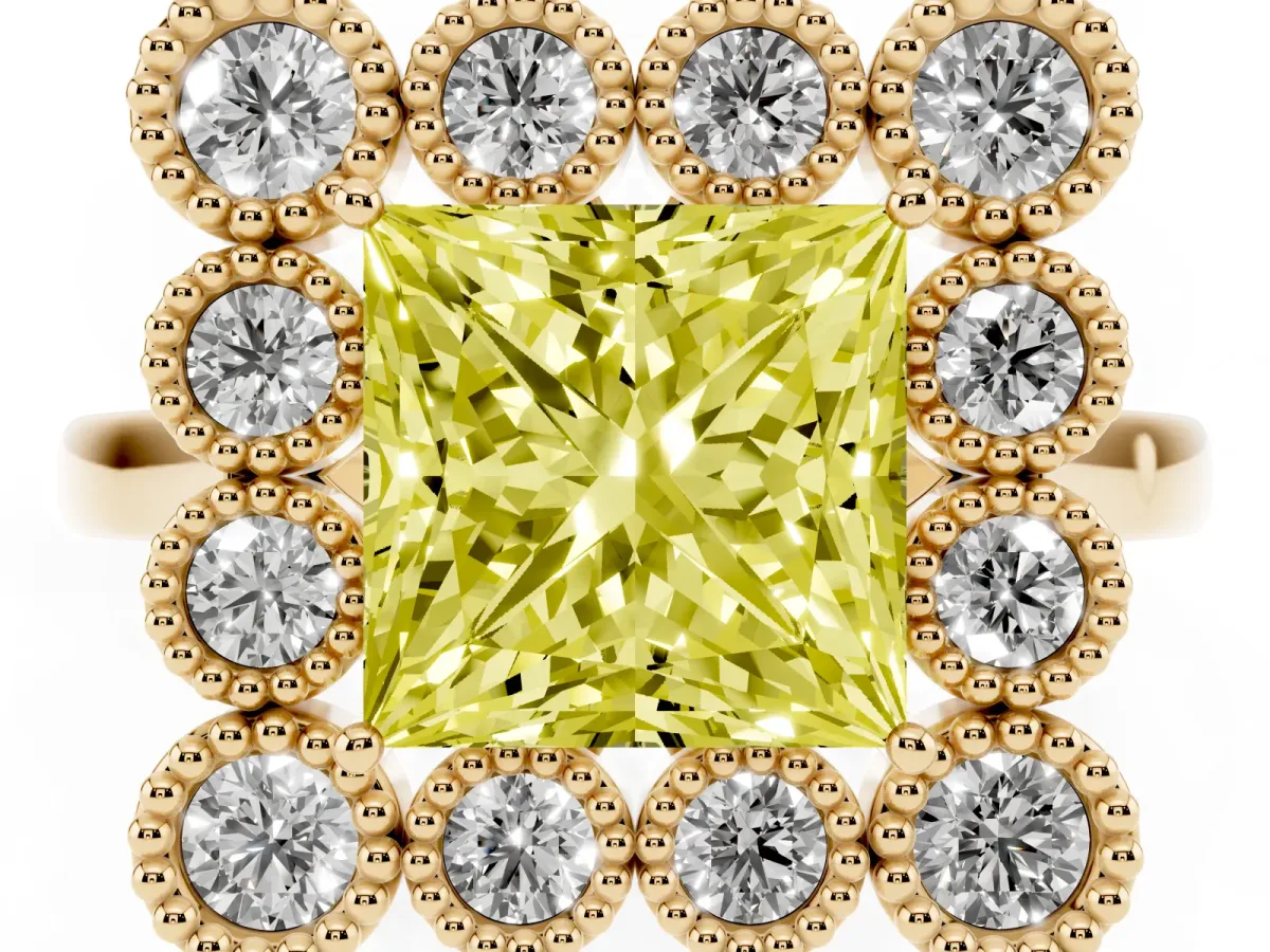 Fancy Yellow Princess Cut Halo Diamond Cluster Engagement Ring with Milgrain Bezel Setting and Solitaire Band Yellow gold