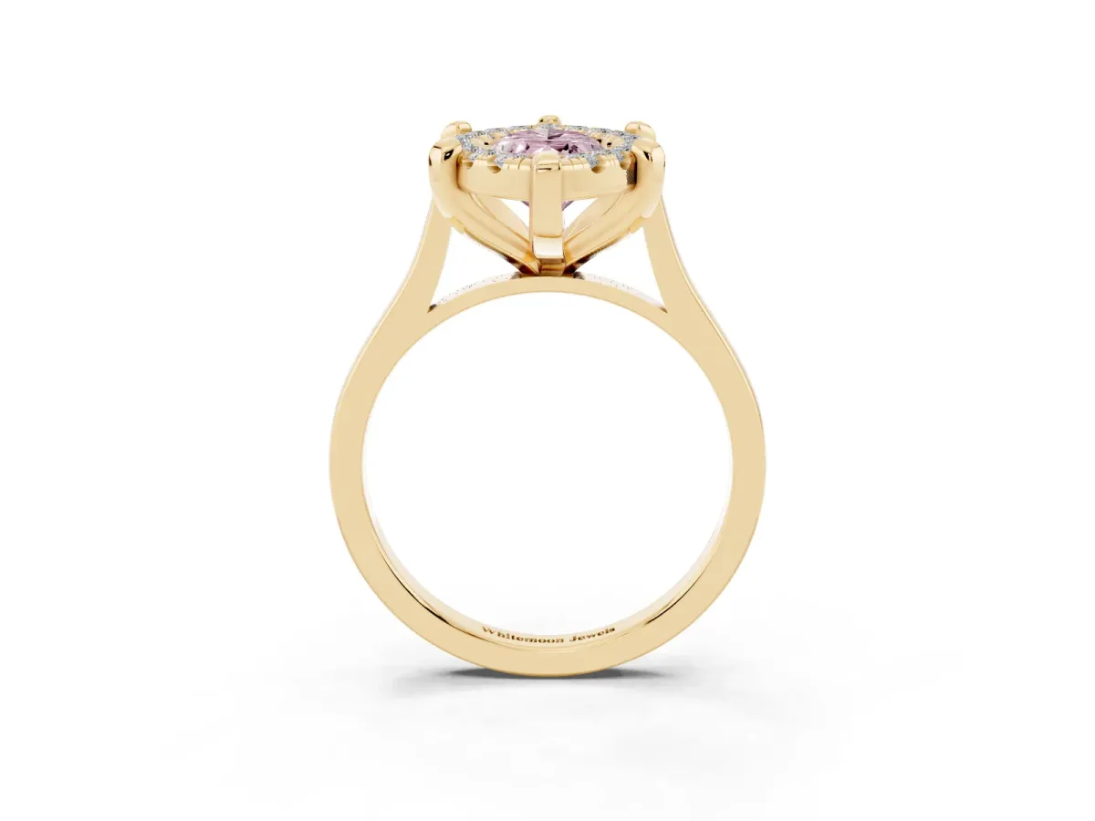 Fancy Pink Marquise Cut Diamond Cluster Halo Solitaire with Four-Prong Setting Yellow gold
